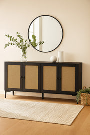 Black Rattan Console Table 160_40_85 cm Ð Modern Wooden 4-Door Storage Cabinet with Cane Doors