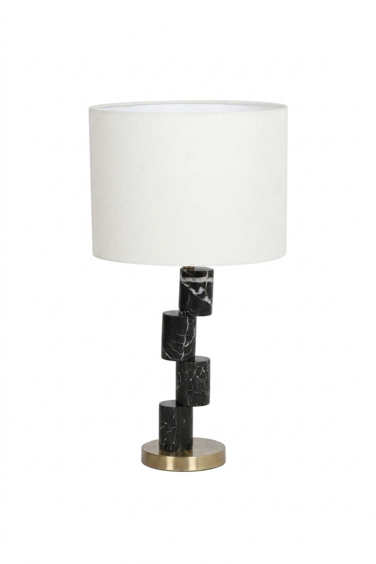 Modern Black Marble Effect Table Lamp with Geometric Column, White Fabric Drum Shade and Gold Base Decorative Bedside Light for Home and Office