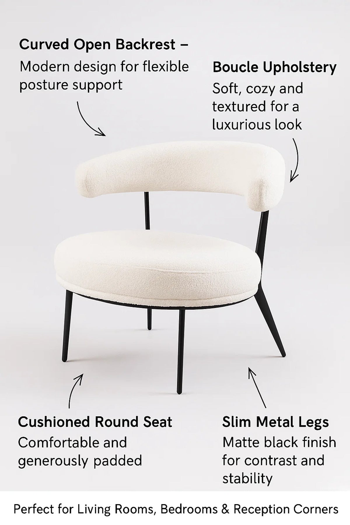 Modern Boucle Fabric Lounge Chair, Curved Backrest Accent Chair for Living Room & Bedroom