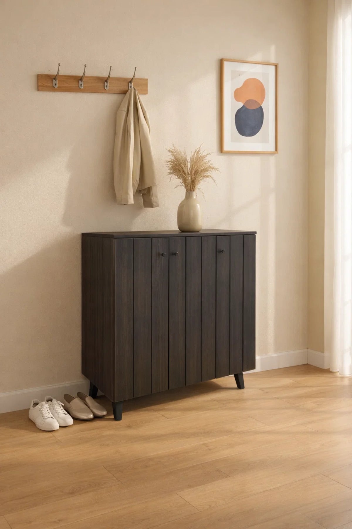 Modern Dark Brown Malaysian Shoe Cabinet 3-Door Entryway Organizer SC004-3 90x34x91cm Stand