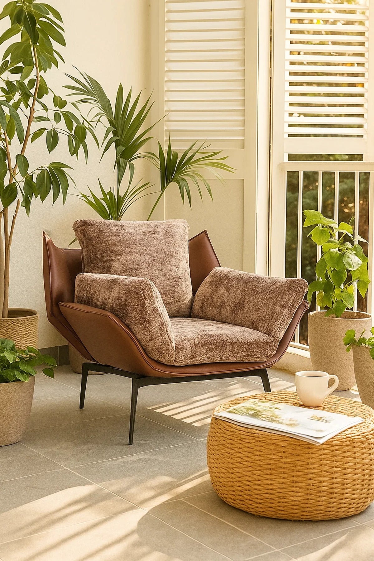 Coffee Velvet & Leather Lounge Chair, Luxury Armchair for Living Room, Bedroom & Hotel Lobby