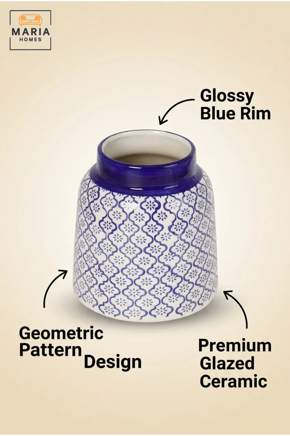 Blue and White Patterned Decorative Vase, Modern Ceramic Flower Holder with Wide Glossy Rim for Living Room, Bedroom, Office, Shelf and Table Décor