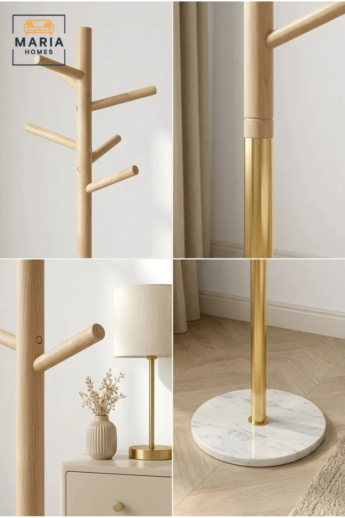 Modern Wooden Coat Rack with White Base and Gold Accent √ê Freestanding Clothes Stand, Entryway Organizer & Jacket Hanger