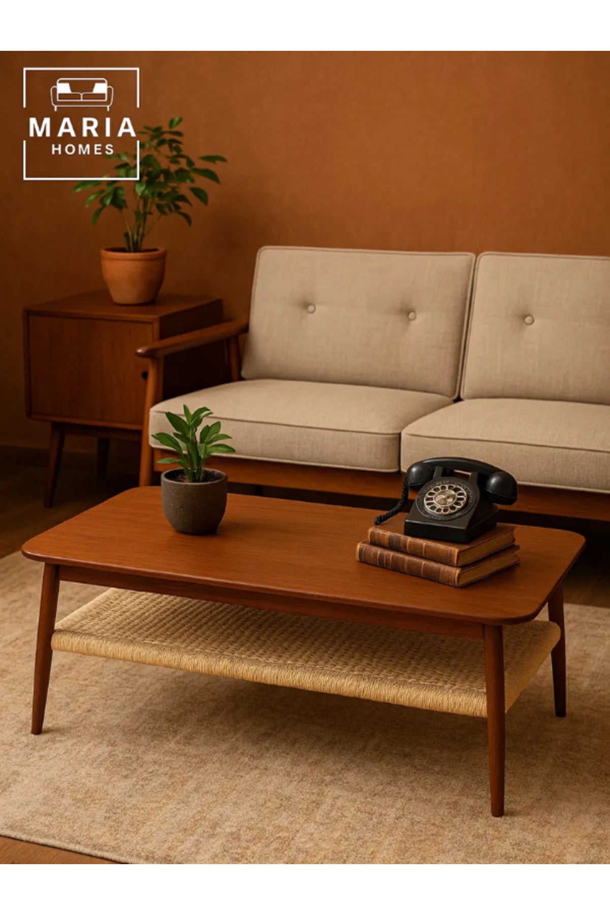 Modern Rectangular Center Table with Wooden Top and Woven Storage Shelf Ð Walnut Finish