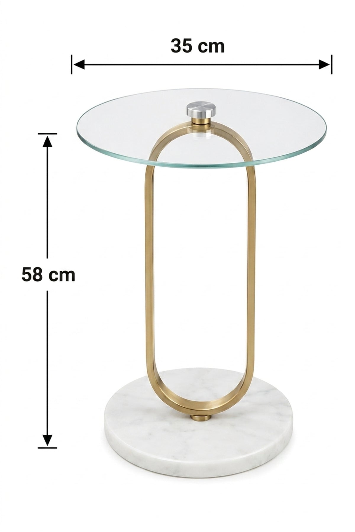 Modern Round Side Table √ê Tempered Glass Top, Gold Oval Metal Frame, Marble Base, 35x58 cm
