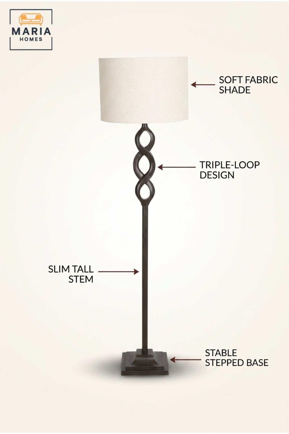 Elegant Floor Lamp with Interlocking Loop Design, Fabric Drum Shade and Stepped Square Base Decorative Standing Light for Living Room Bedroom and Office