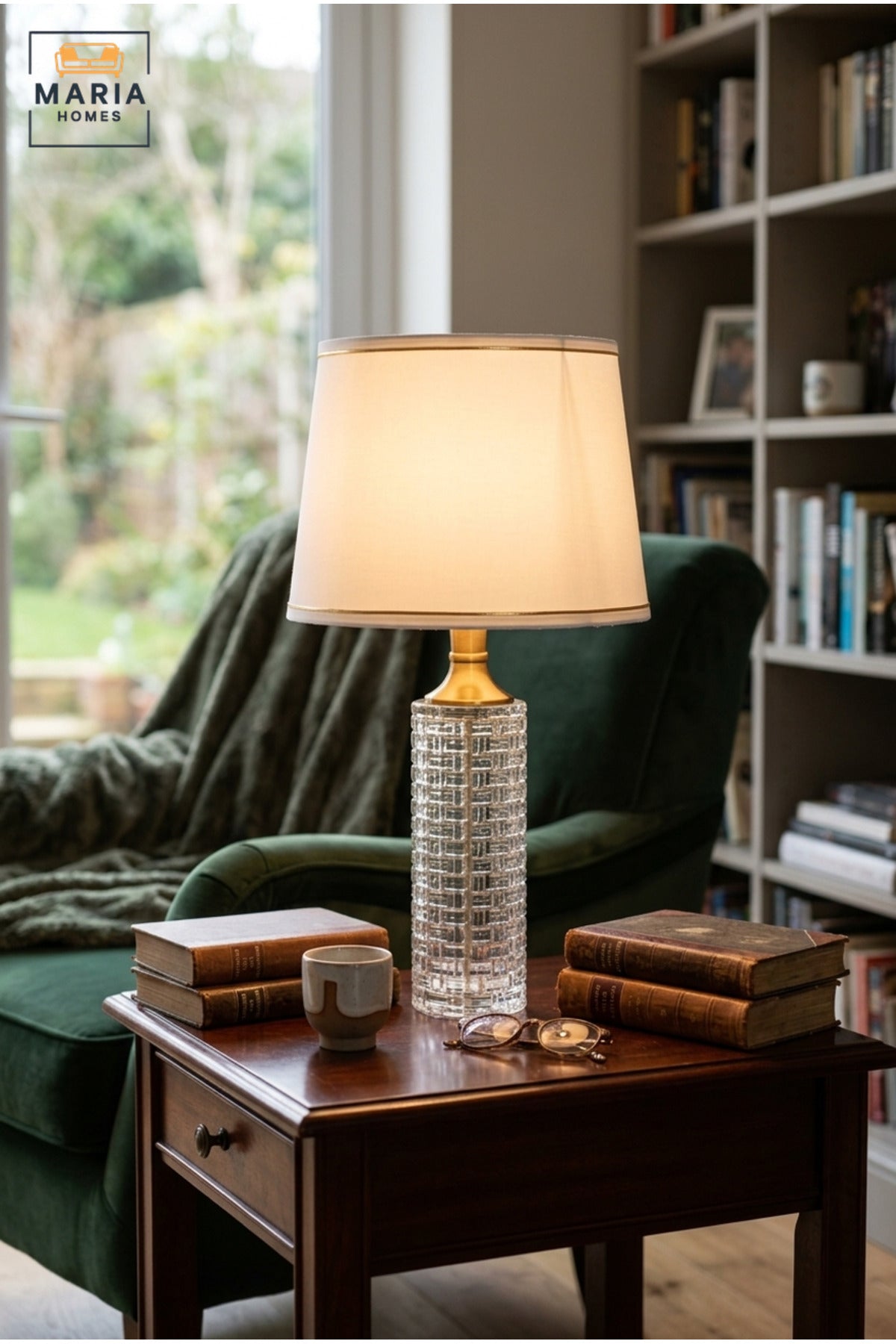 Luxury Crystal Table Lamp with White Fabric Shade, Gold Tone Details and Textured Clear Base for Bedroom, Living Room, Office, Hotel and Bedside Décor