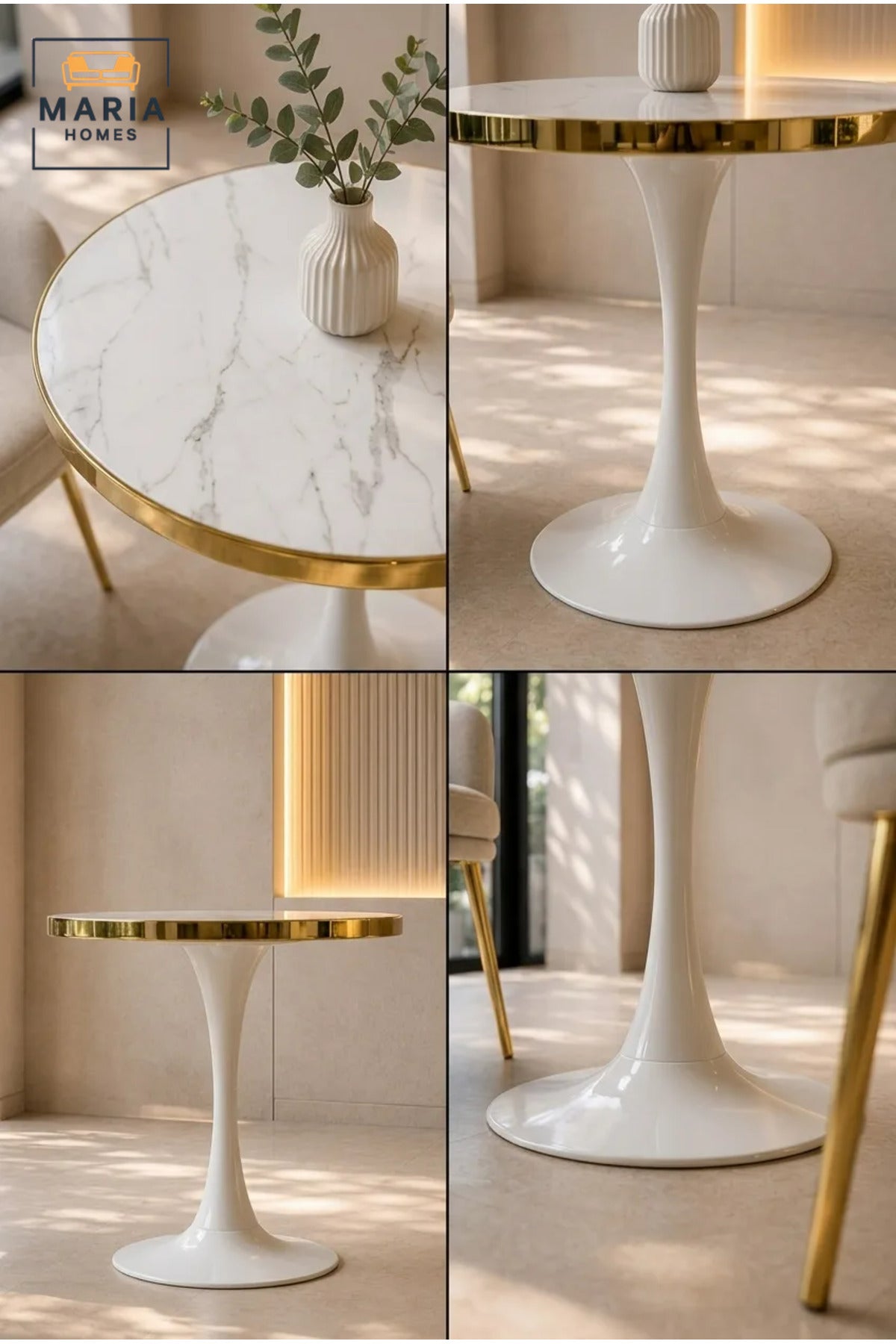 Modern Round Marble Bistro Table with Gold Trim for Cafe Dining Room Living Space