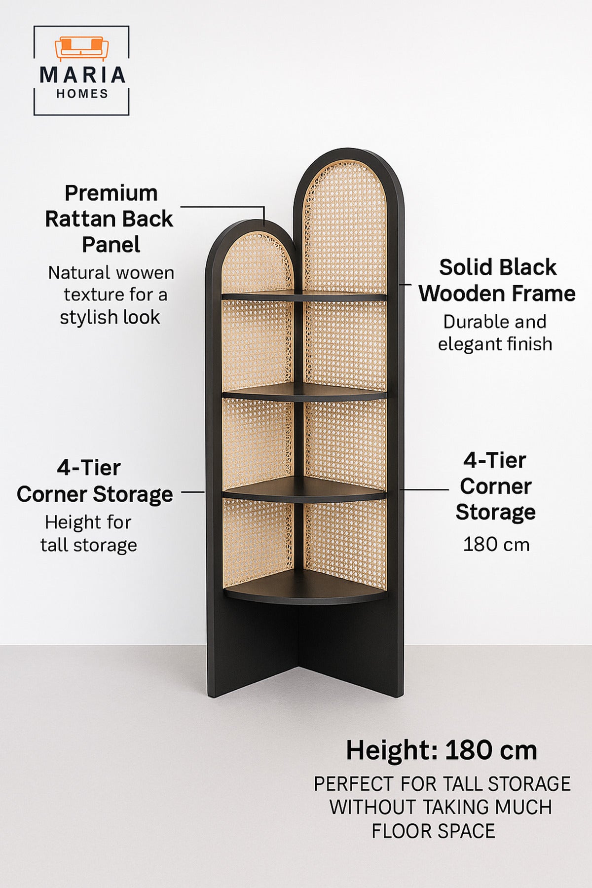 Black Rattan Corner Shelf Ð 180_40_40 cm Modern Space-Saving Display Rack
