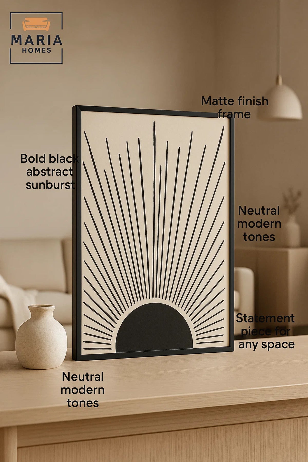 Framed Abstract Wall Art Ð Rising Sunburst Design in Black on Beige and Size 123*83 cm