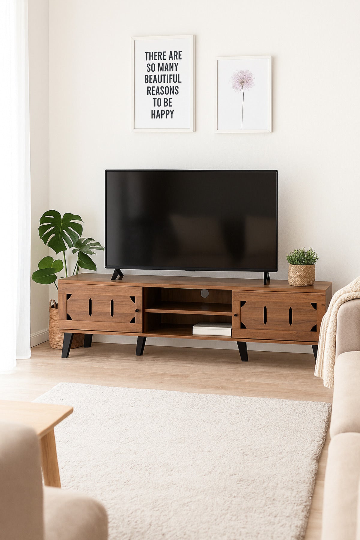Dark Brown Wooden TV Stand 180_40_44 cm Ð Modern TV Unit with Cutout Design Doors and Open Shelves