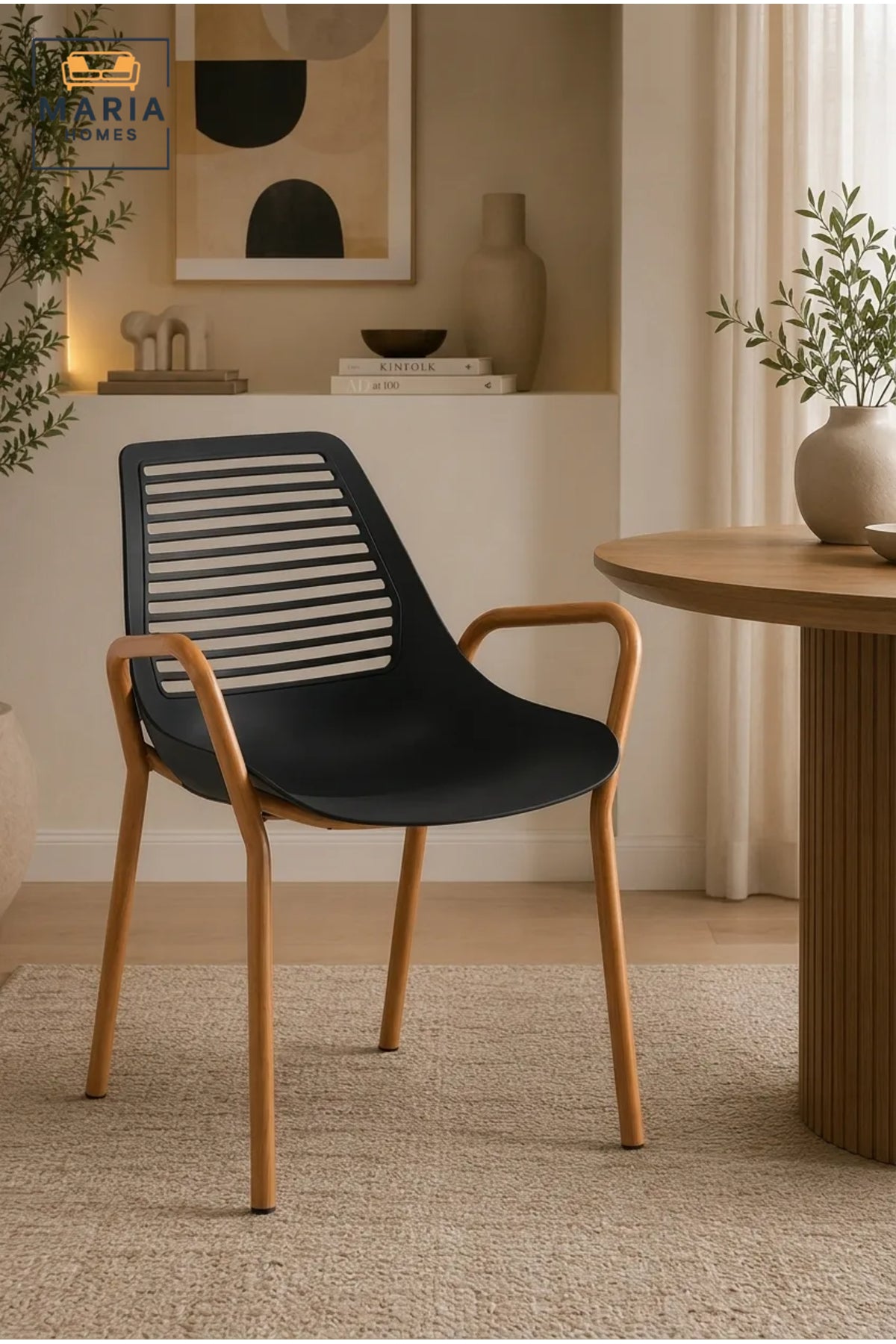 Modern Black Plastic Dining Chair with Wood-Look Legs and Armrests Ð Contemporary Indoor Outdoor Dining Chair for Kitchen, CafŽ & Patio