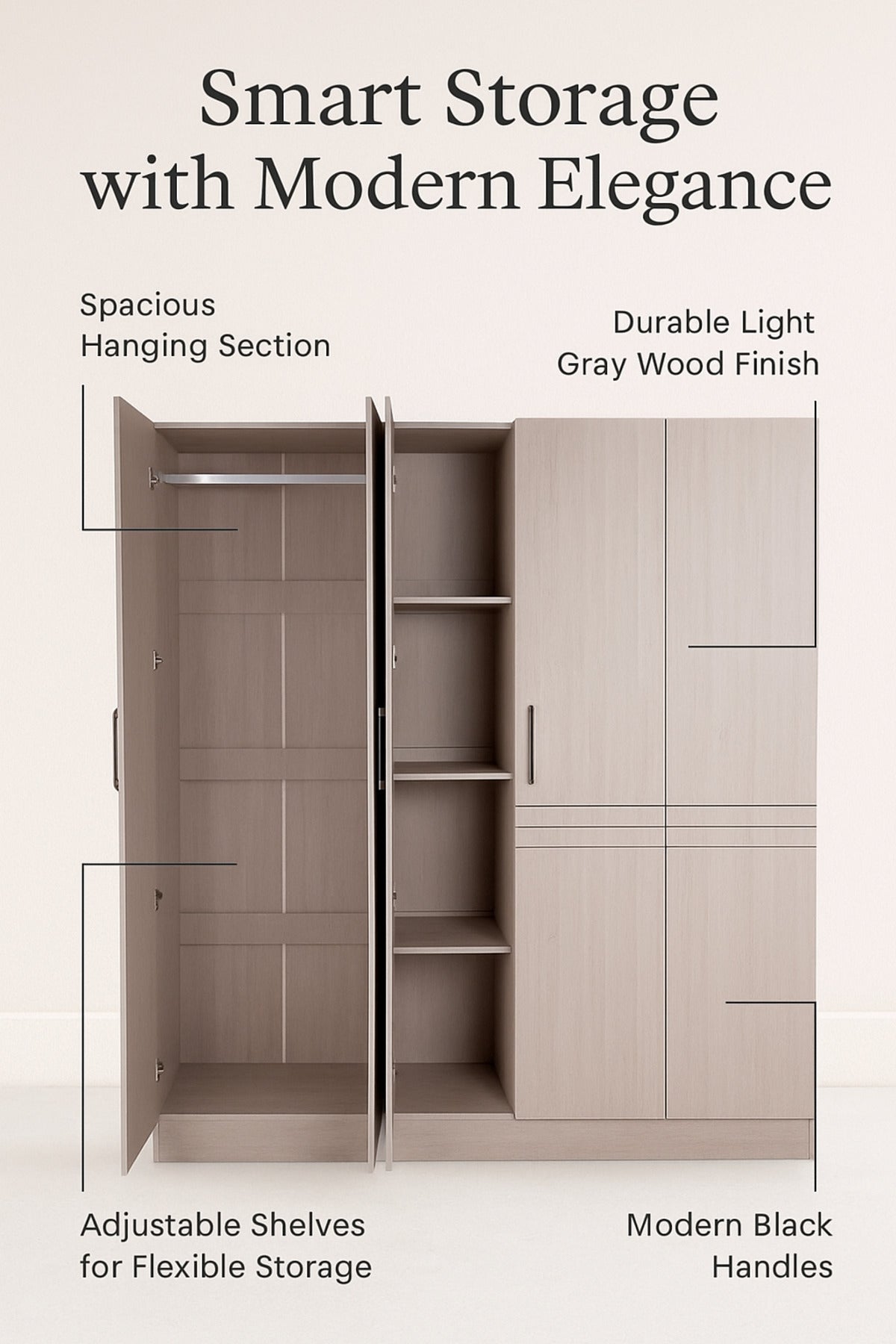 Modern 4-Door Wardrobe with Hanging Rail and Shelves Ð Light Gray 160_54_200 cm