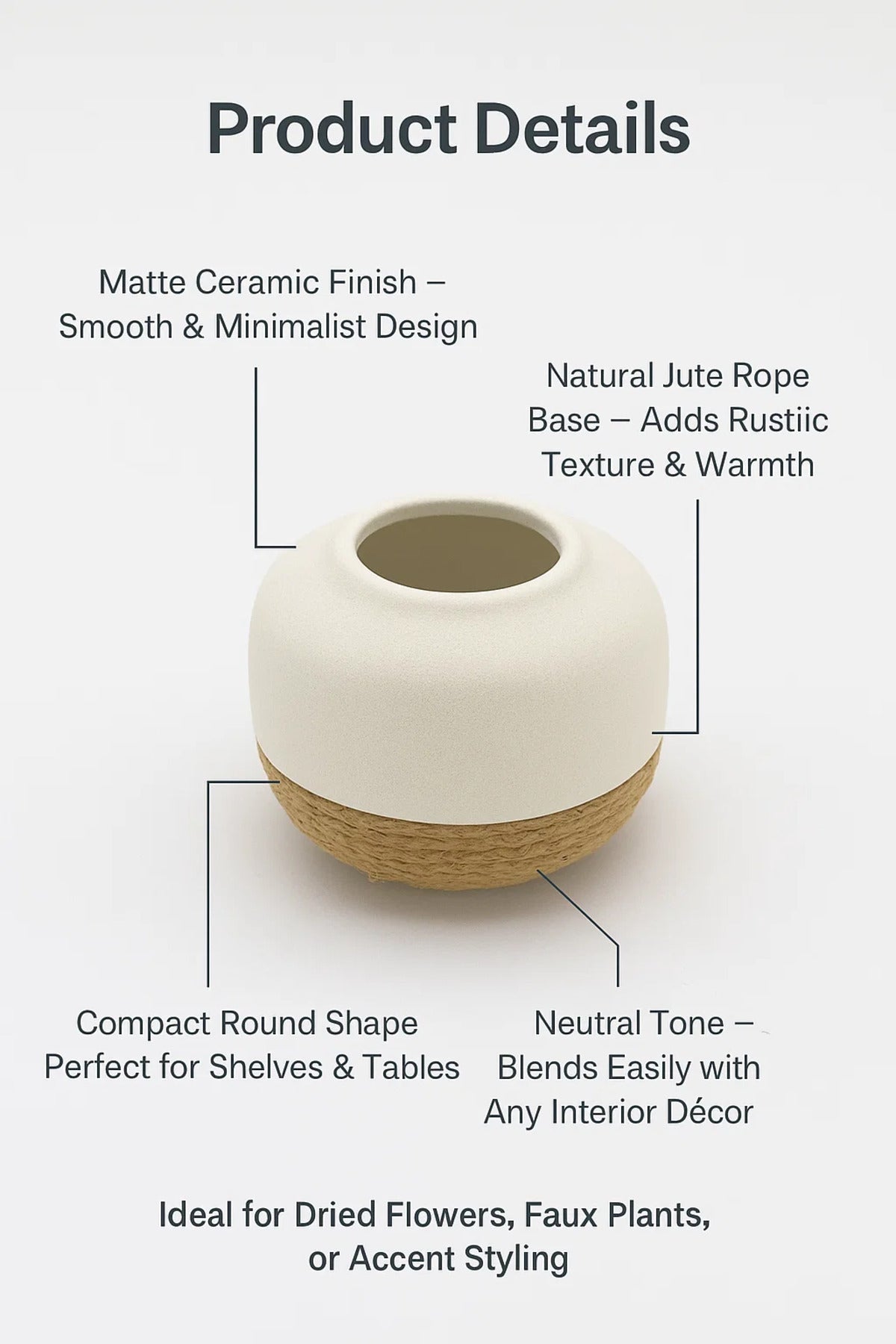 White Ceramic Round Rope Vase Ð Modern Decorative Flower Pot for Home and Office DŽcor