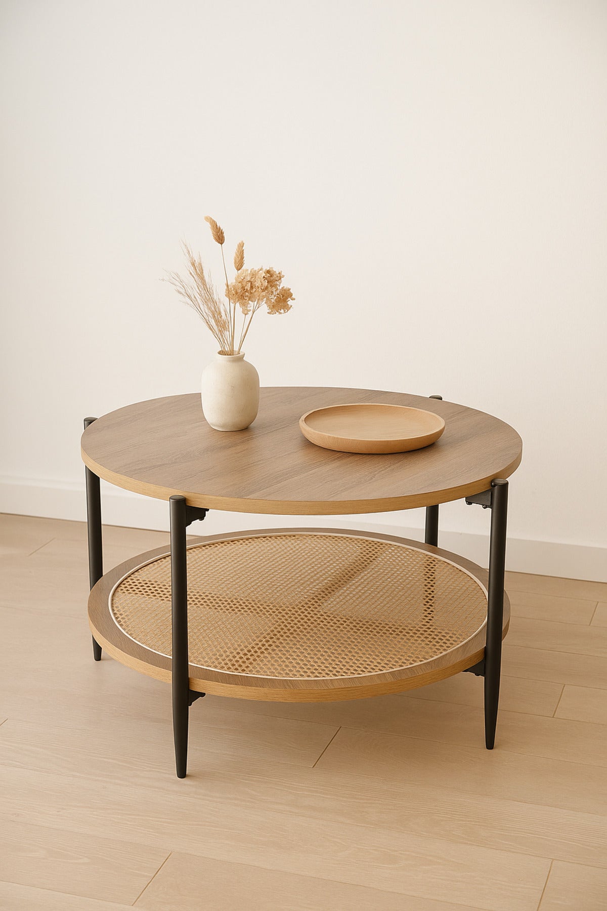 Round Brown Coffee Table with Rattan Shelf Ð Modern Wooden Center Table for Living Room 80_45 cm