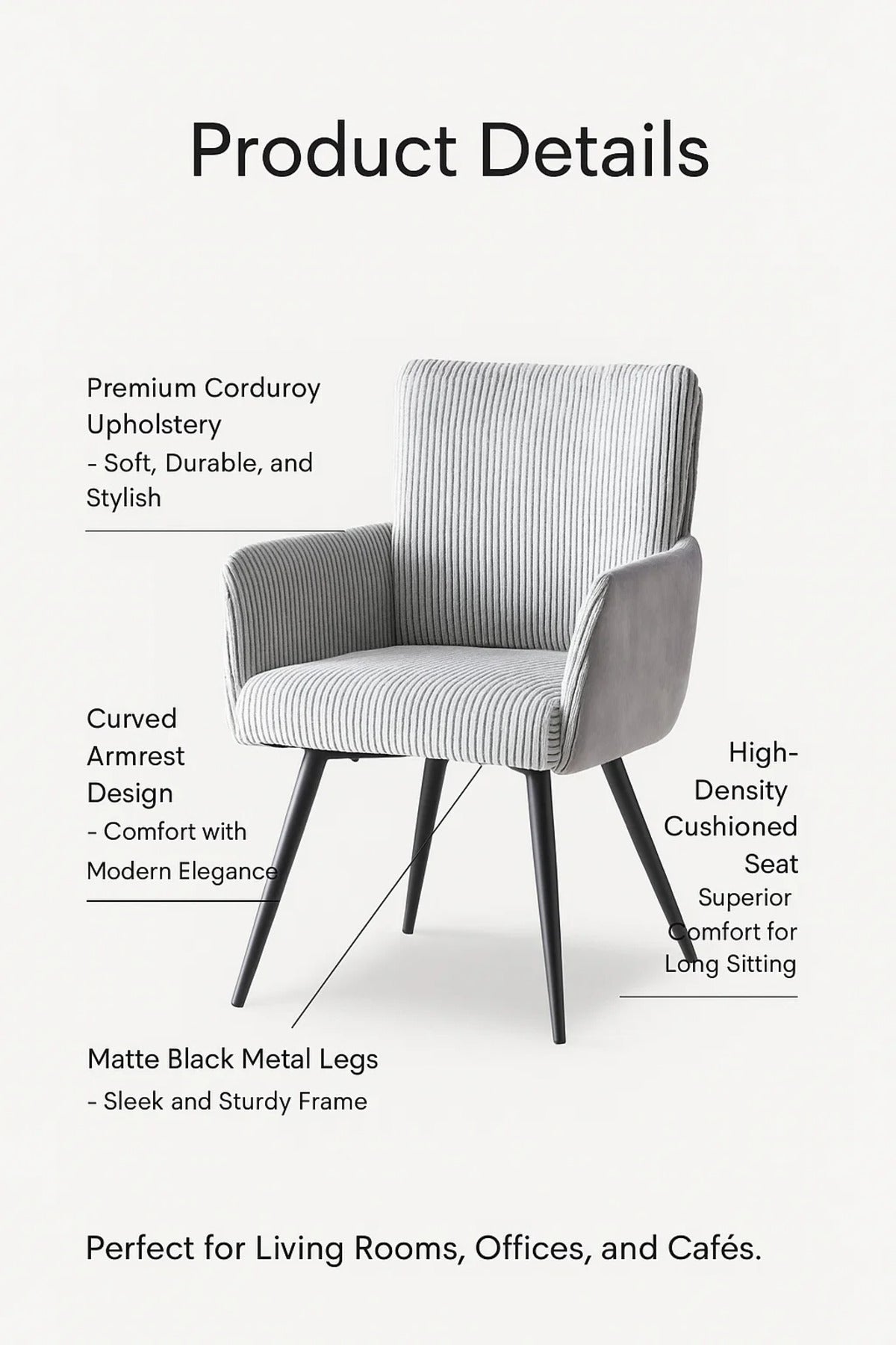 Contemporary Light Grey Corduroy Armchair with Metal Legs, Comfortable Modern Accent Chair