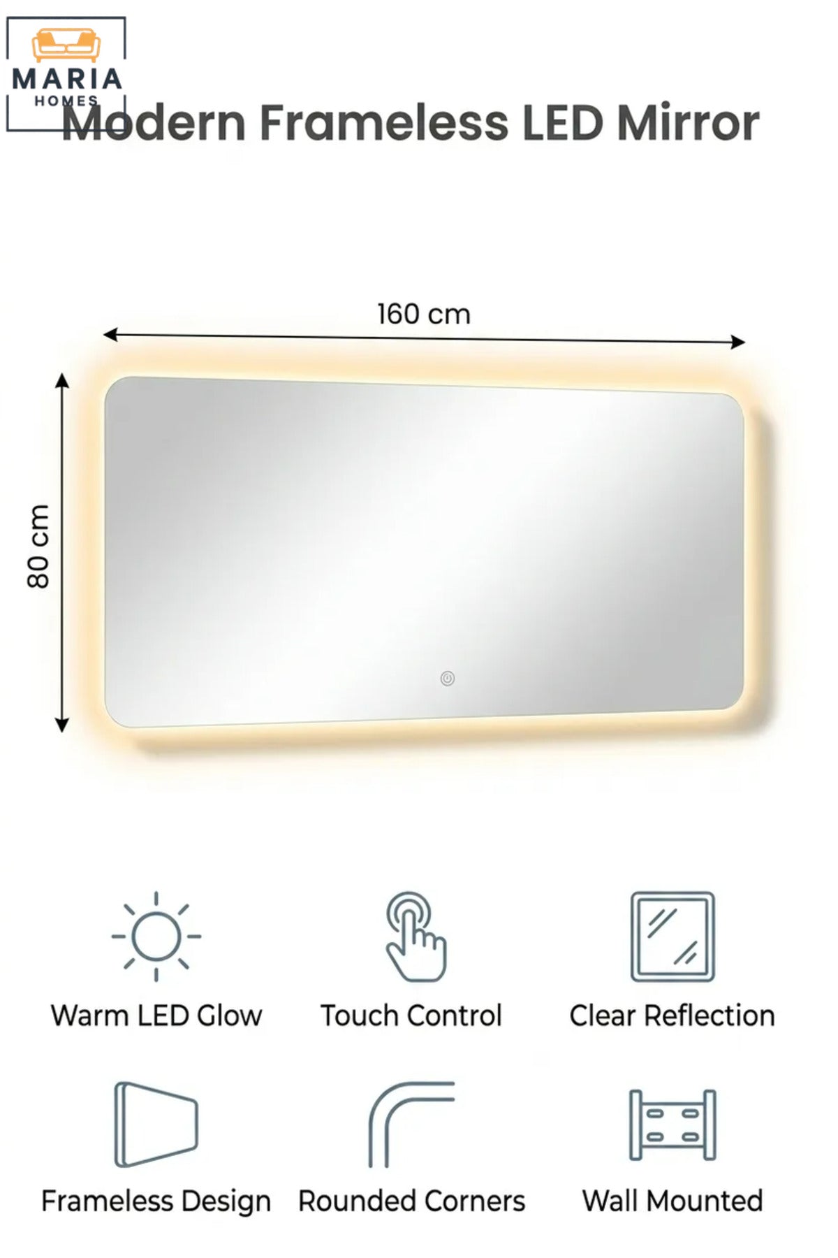 Frameless Rectangular LED Wall Mirror 160 × 80 cm with Touch Sensor, Rounded Corners and Backlit Illumination for Bathroom, Bedroom and Vanity