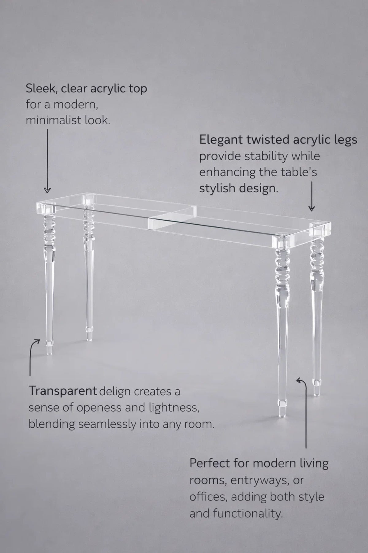 Modern Clear Acrylic Console Table 140cm Transparent Hallway Furniture with Elegant Turned Legs