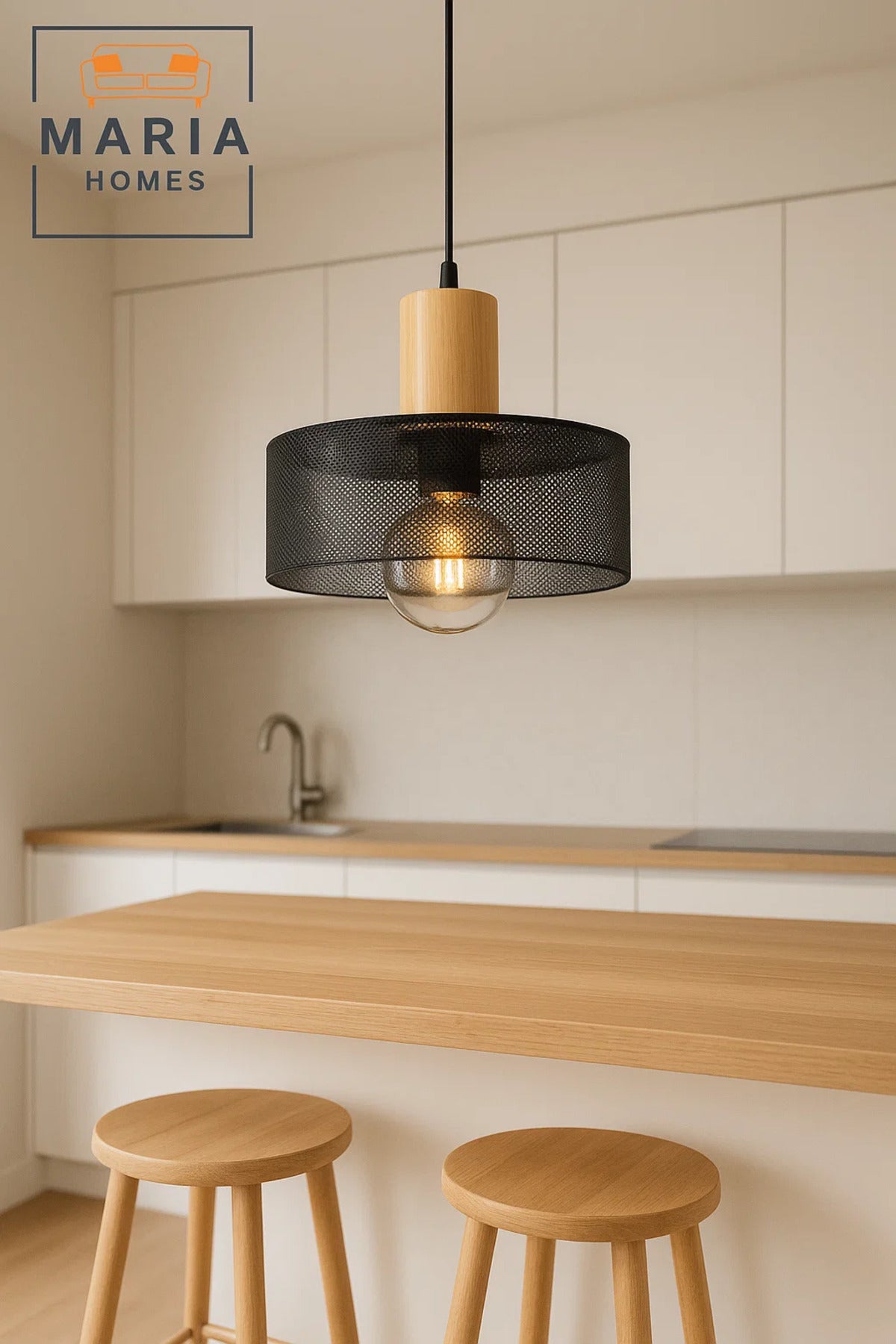 Black Mesh Pendant Light with Wood Accent