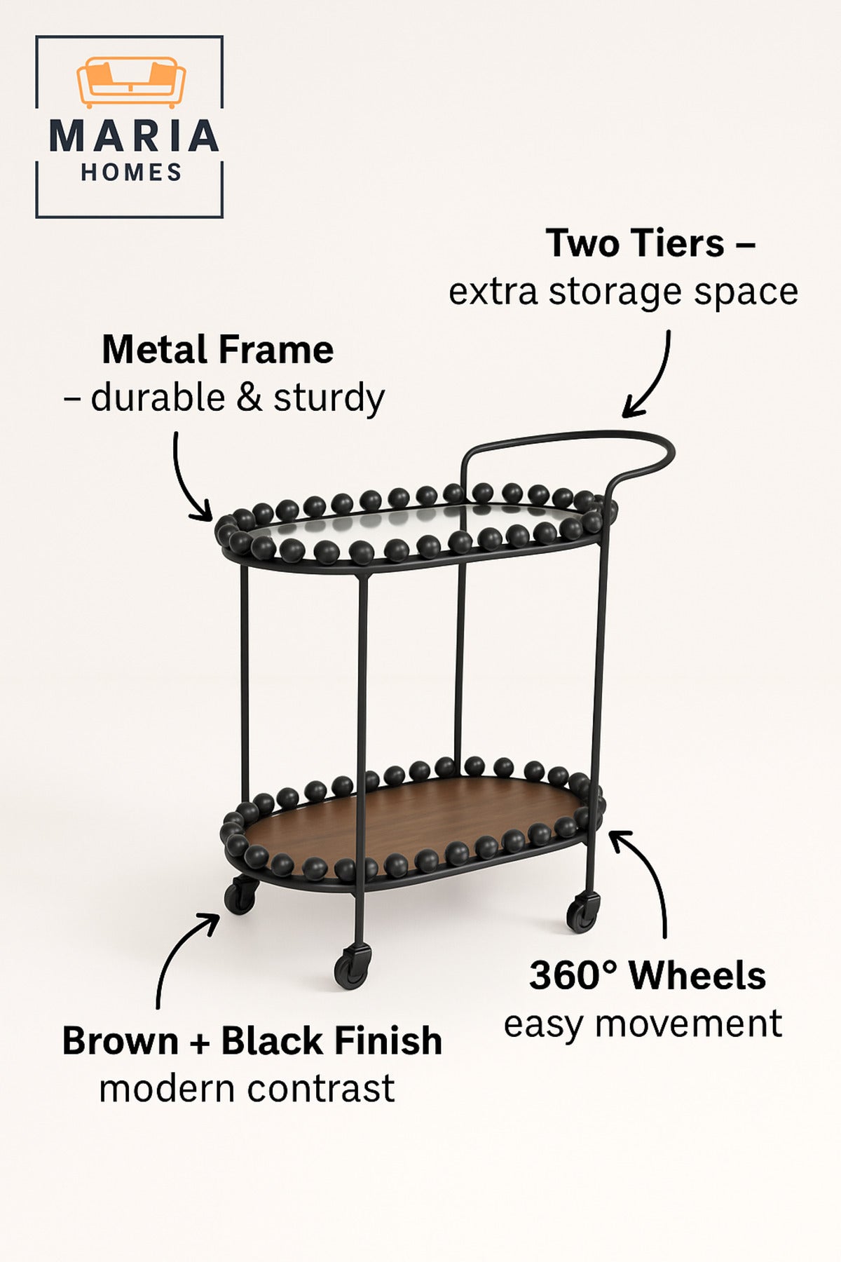 Oval Serving Trolley with Wheels Ð 2-Tier Tea & Coffee Cart 70_40_84 cm