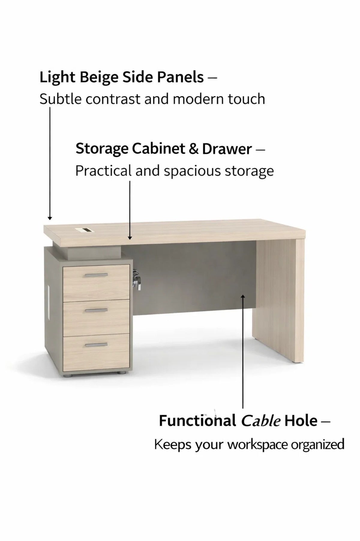 Modern Office Desk 120cm Light Wood Top with 3 Drawers & Lock Grey Frame Study Workstation