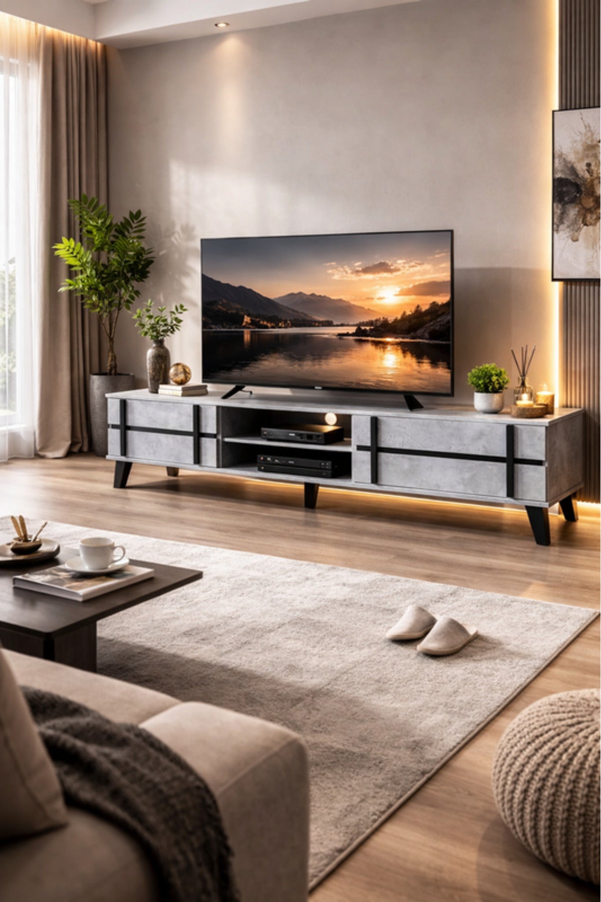 Stylish Grey TV Unit with Storage Cabinets Modern Media Console for Living Room Furniture 140cm