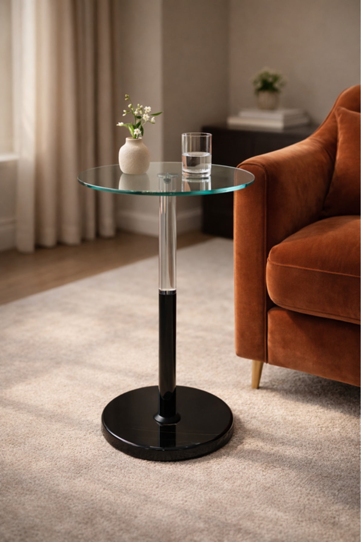 Round Glass Side Table with Black Base 35_35_56 cm Modern Accent round glass side
