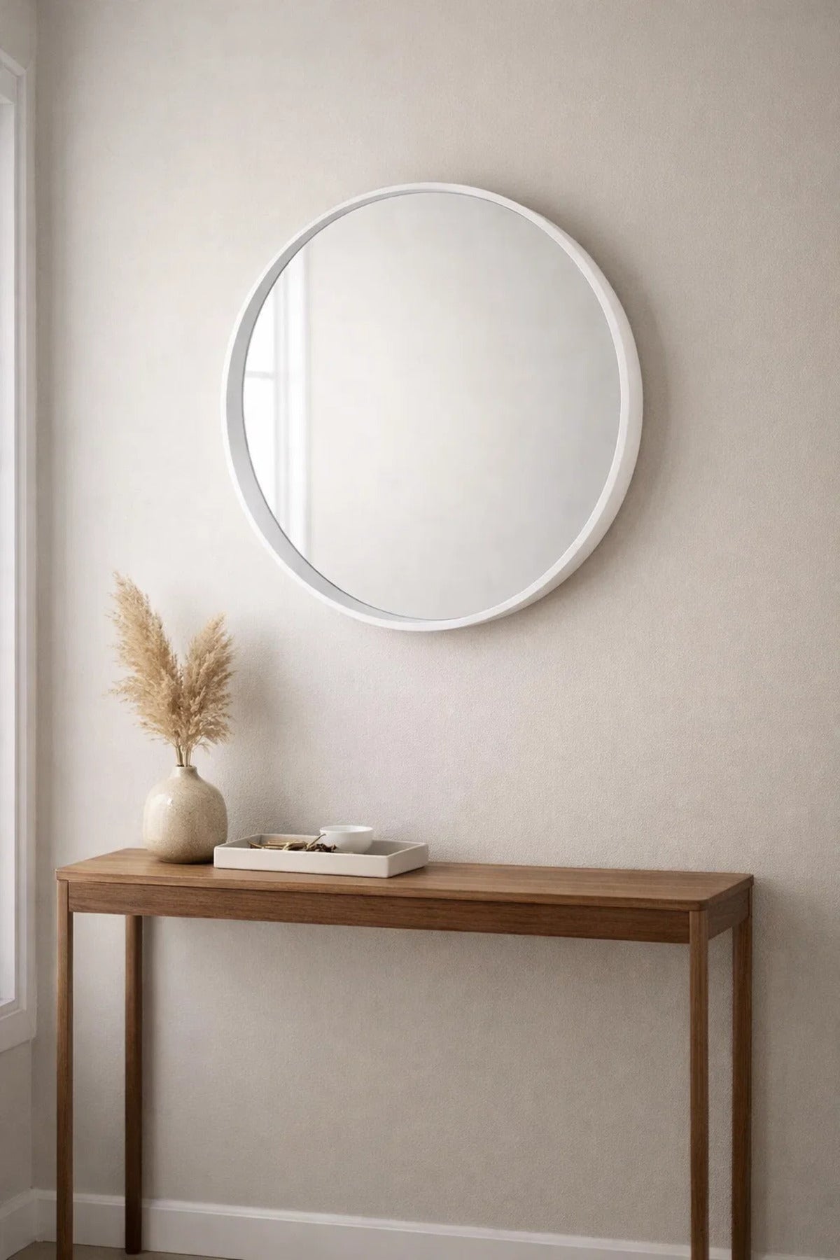 White Round Wooden Wall Mirror 70x70cm Modern Hanging Decor for Bathroom Entryway Bedroom Vanity