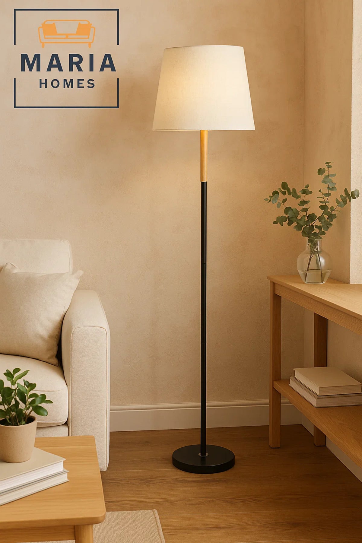 Modern Floor Lamp with Fabric Shade and Wooden Accent
