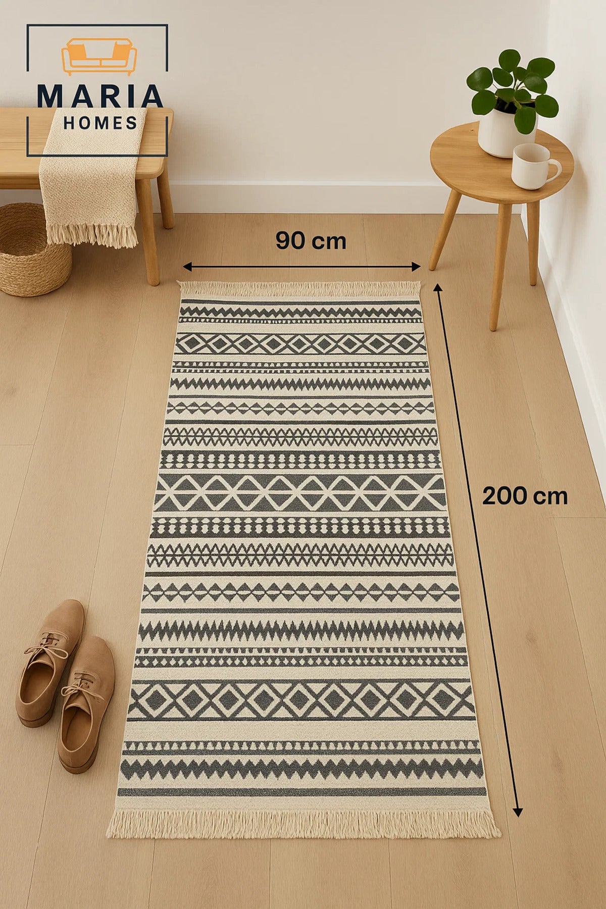 Boho Tribal Cotton Runner Rug with Fringes Ð Black & Cream, size 90*200 cm
