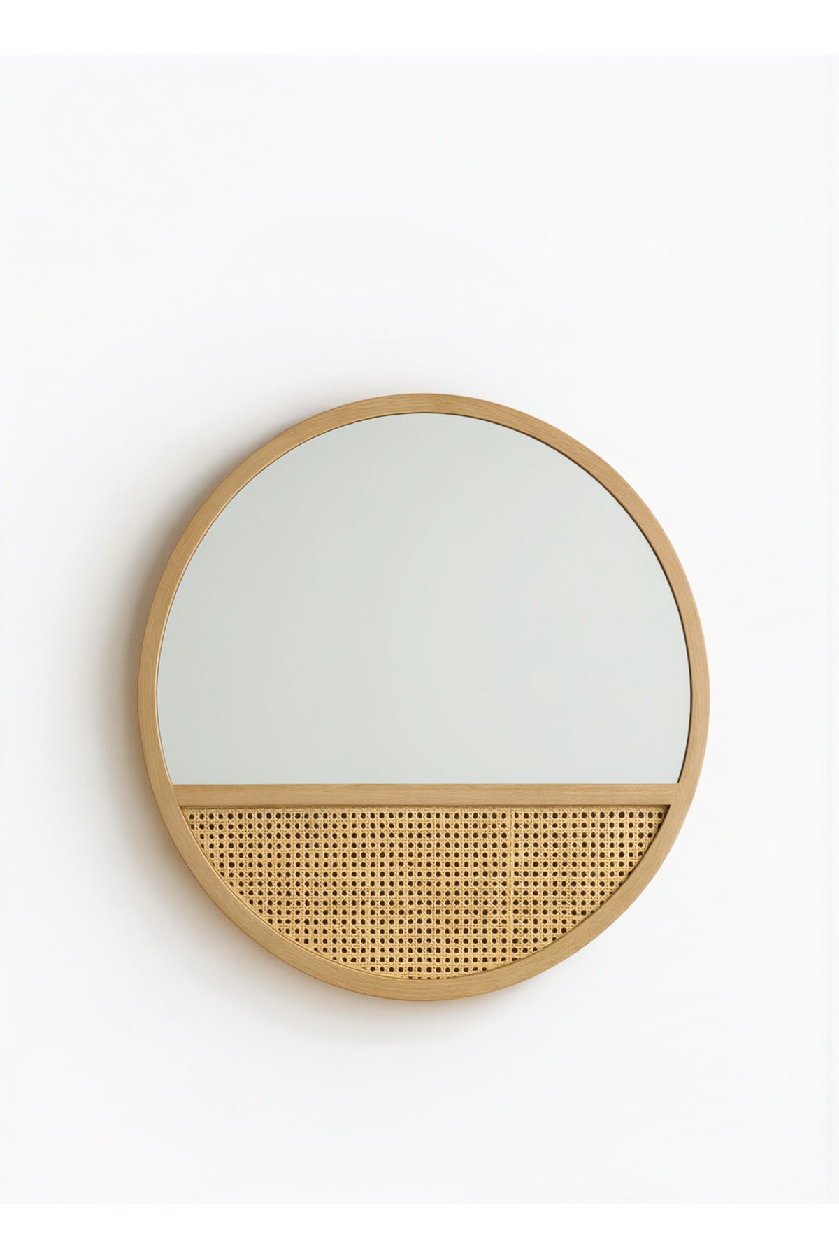 Round Wall Mirror 100 cm √ê Natural Wood Frame with Rattan Design