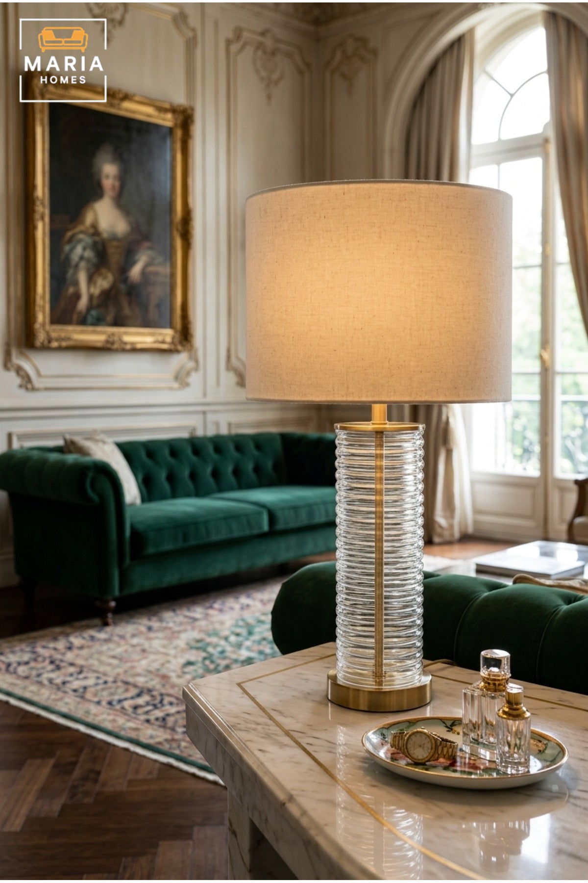Modern Clear Ribbed Glass Table Lamp with Fabric Drum Shade and Gold Accents Elegant Bedside Light for Bedroom Living Room Office and Hotel Décor