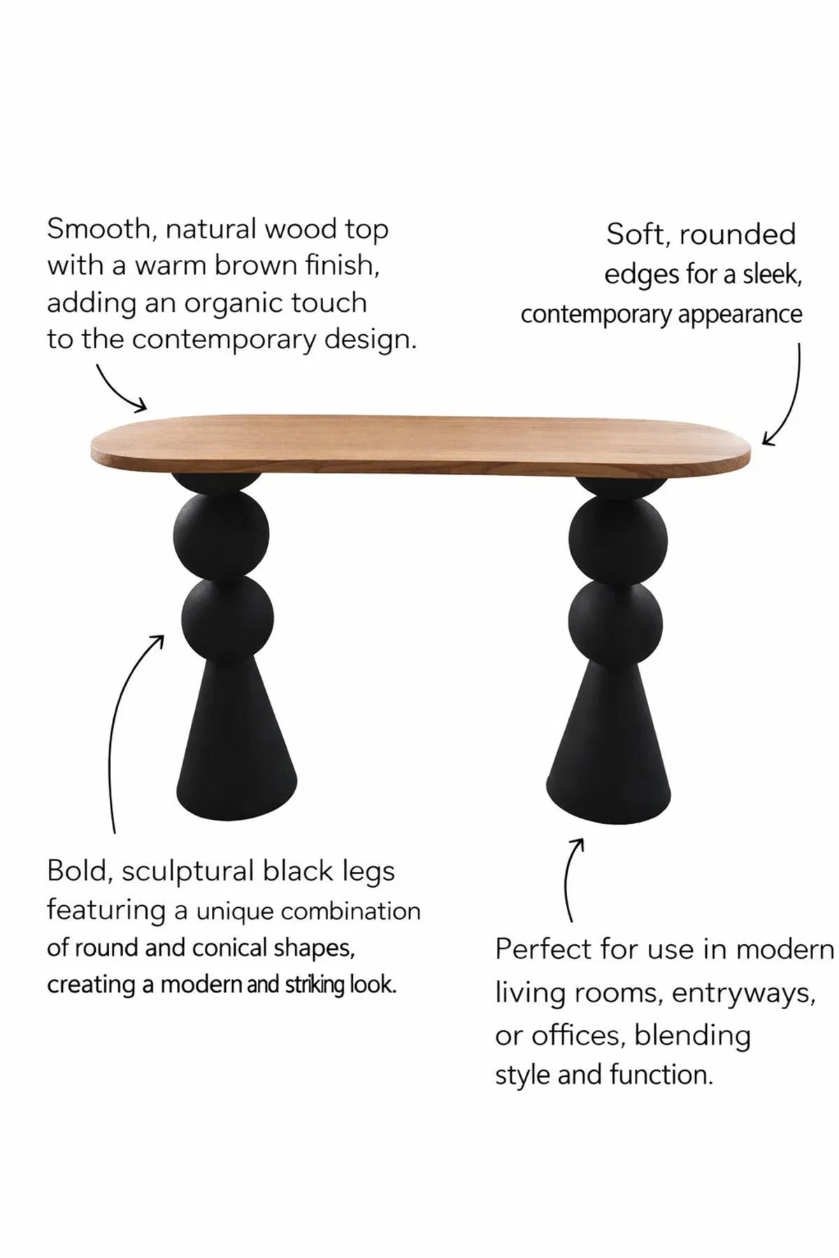 Modern Art Deco Console Table Wood Top Black Sculptural Legs for Living Room Entryway 120cm