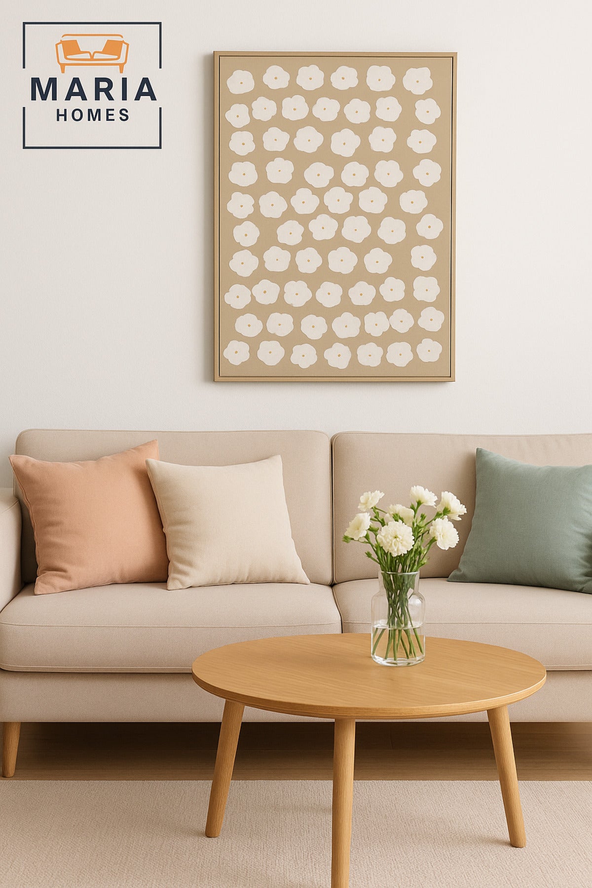 Large White & Beige Floral Pattern Wall Art Ð Framed Canvas 120_80 cm
