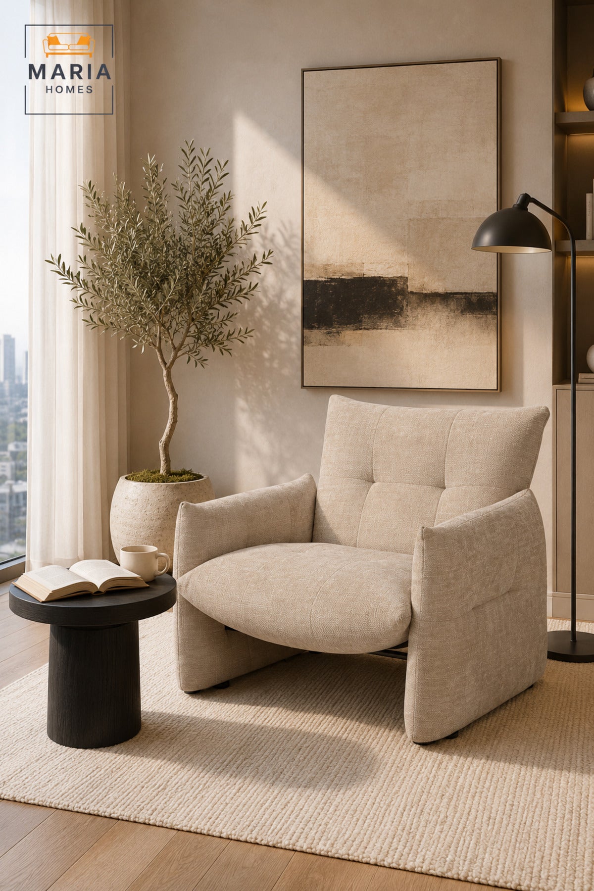 Modern Beige Accent Chair Upholstered Lounge Armchair Comfortable Living Room Furniture