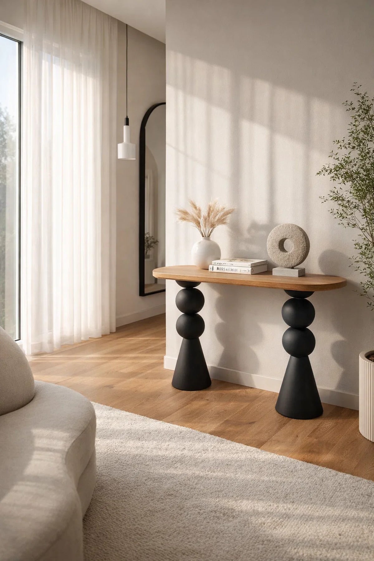 Modern Art Deco Console Table Wood Top Black Sculptural Legs for Living Room Entryway 120cm
