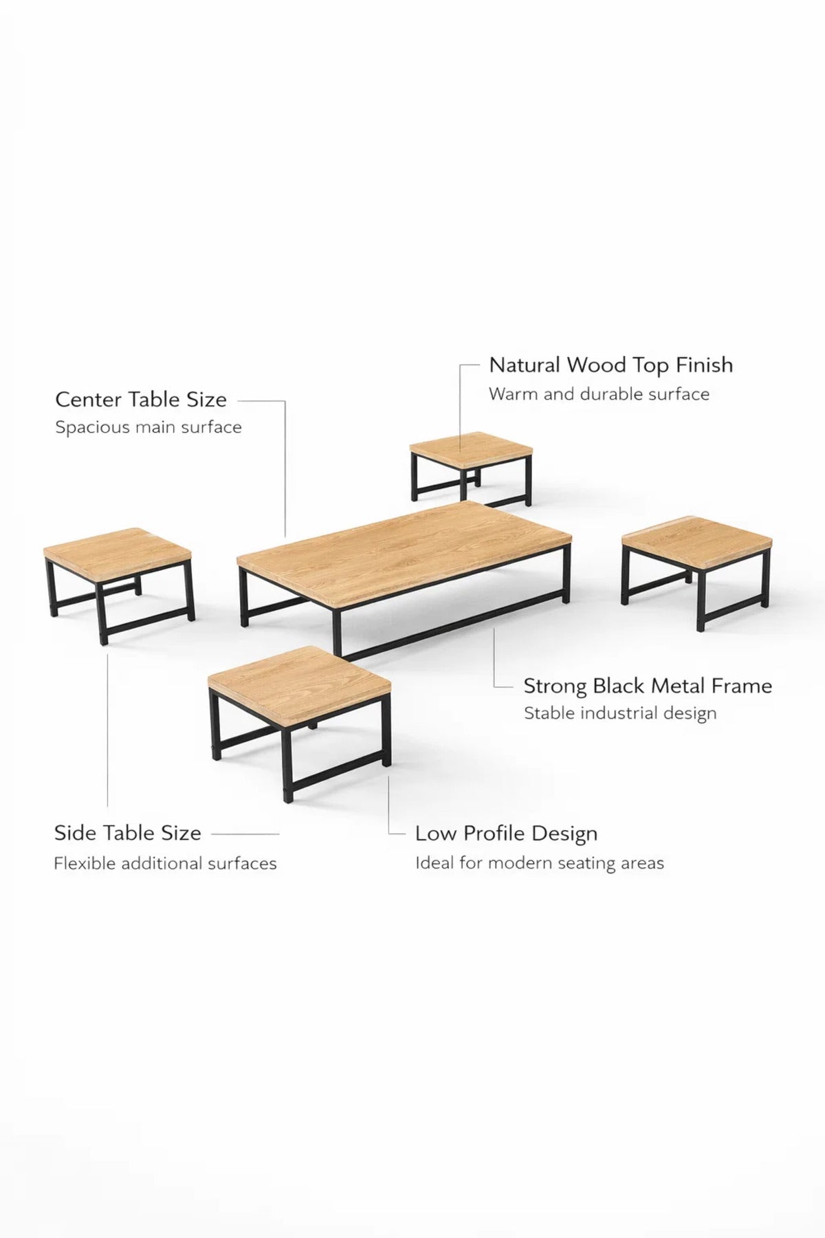 Modern 5-Piece Low Center Table Set Wood Top Black Metal Frame for Living Room Floor Seating