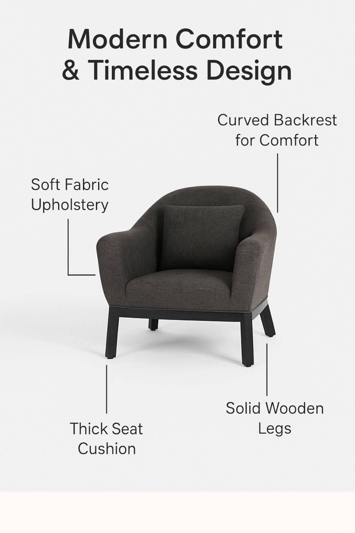 Dark Gray Fabric Armchair Ð Modern Single Seater Lounge Chair with Cushion for Living Room & Office