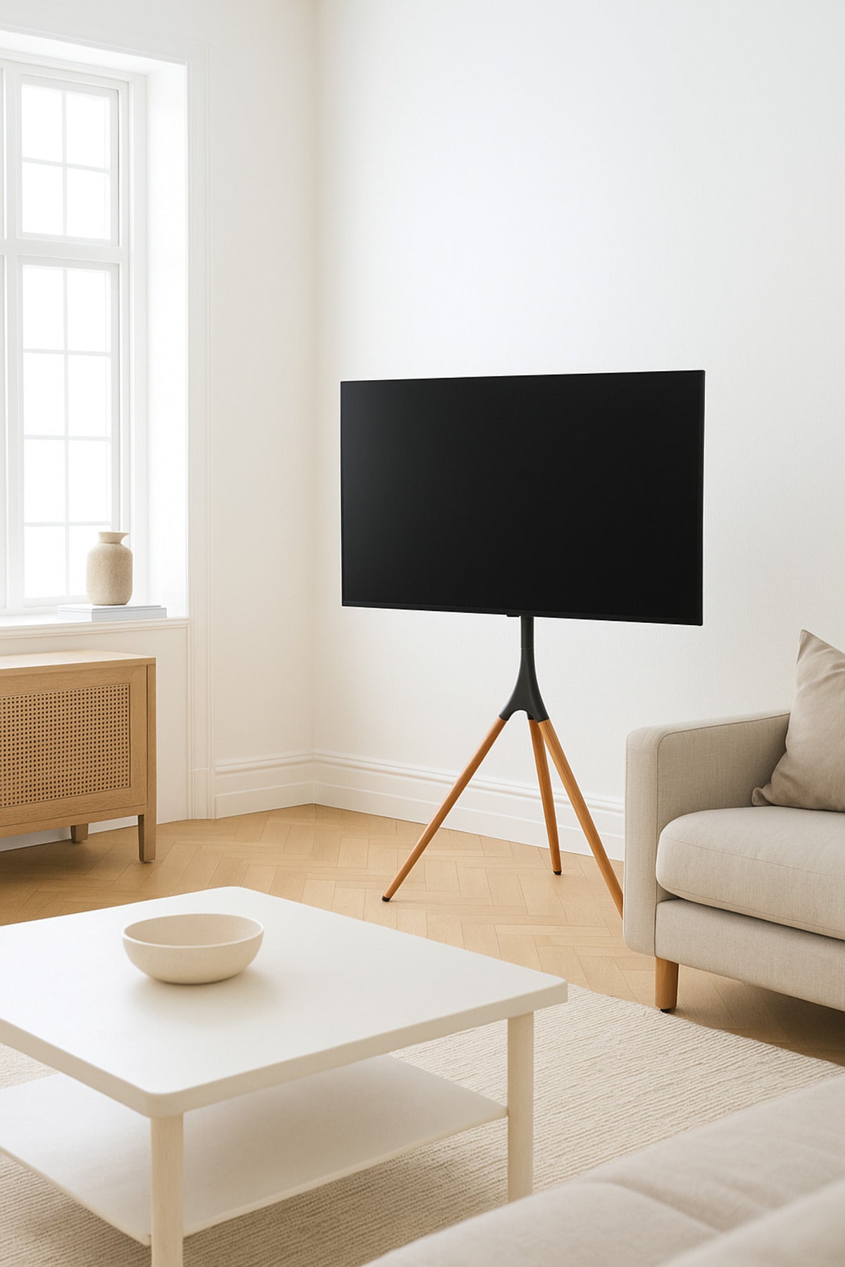 Black & Dark Wood Tripod TV Stand √ê Modern Adjustable Floor Stand for 32_√ê65_ TVs