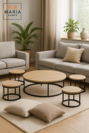 Light Oak Round Coffee Table Set √ê Modern Wood Finish with Metal Frame Living Room 5Piece