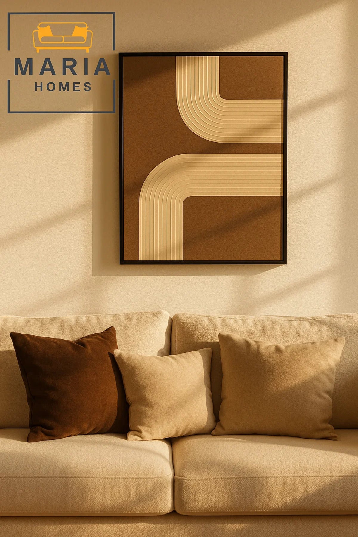 Framed Abstract Wall Art Ð Beige Curved Lines on Textured Brown Canvas and Size 123*4.3*123 cm