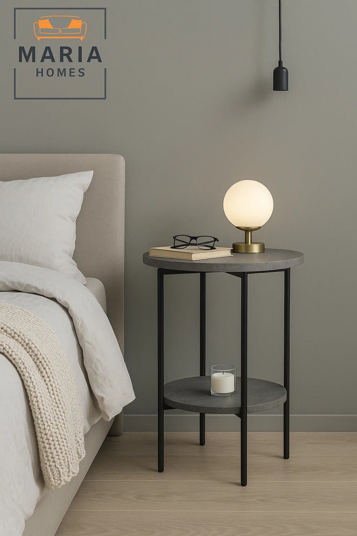 Round Stone-Texture Side Table with Lower Shelf and Black Metal Frame