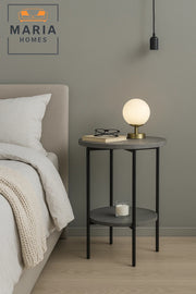 Round Stone-Texture Side Table with Lower Shelf and Black Metal Frame