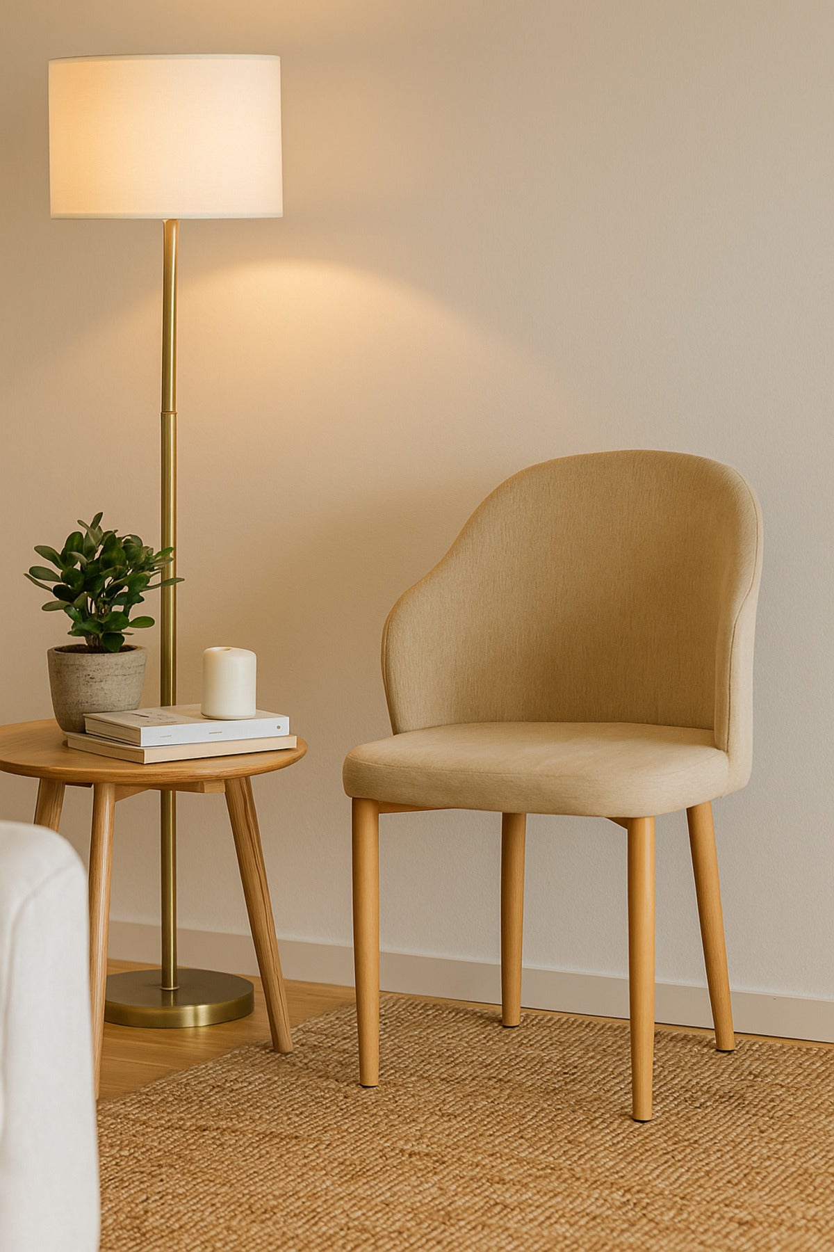 Beige Fabric Dining Chair Ð Modern Curved Back Upholstered Chair with Wooden Legs for Dining Room