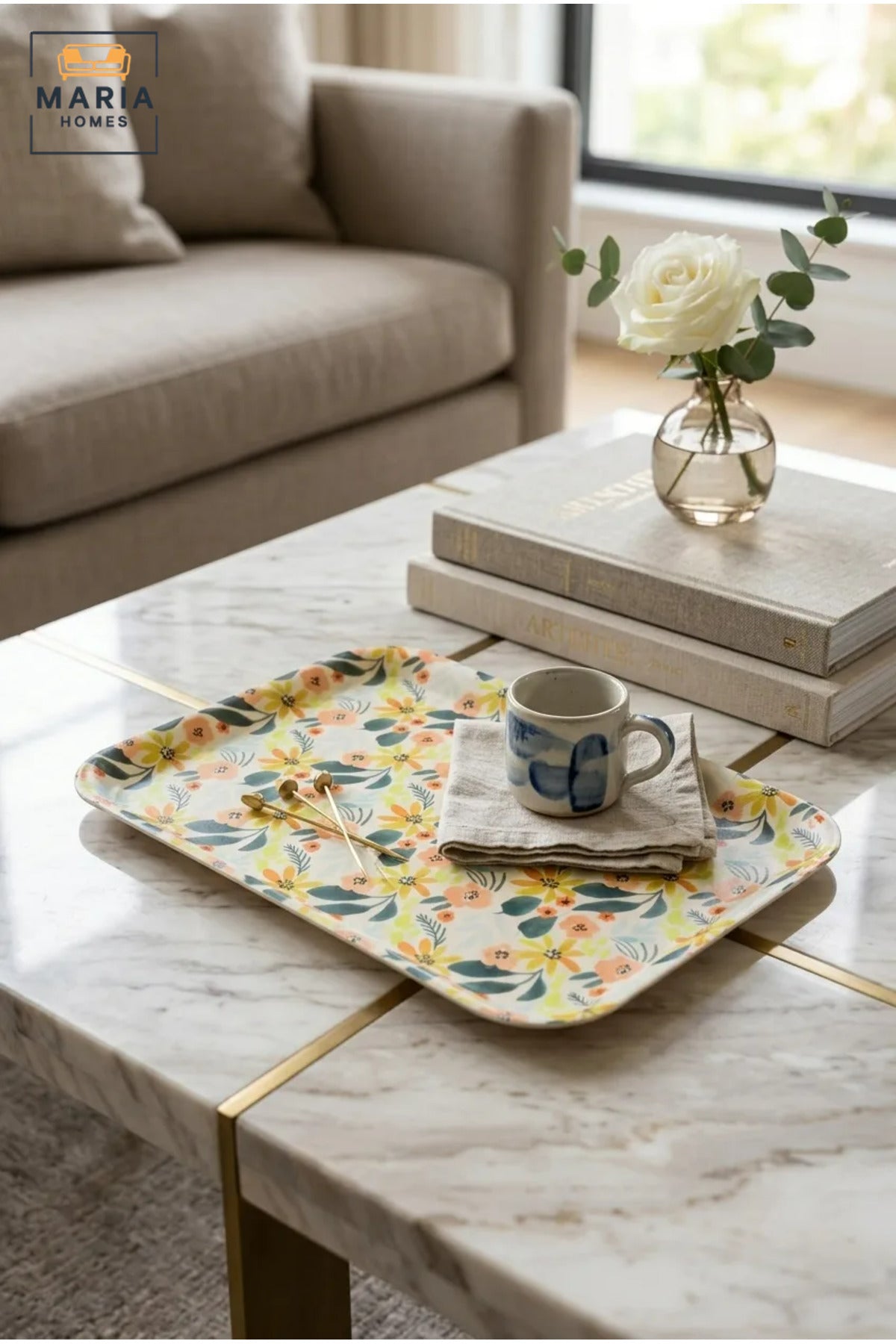 Rectangular Serving Tray with Floral Pattern, Raised Edges and Rounded Corners, Multipurpose Food Tray for Kitchen, Dining, Café and Restaurant