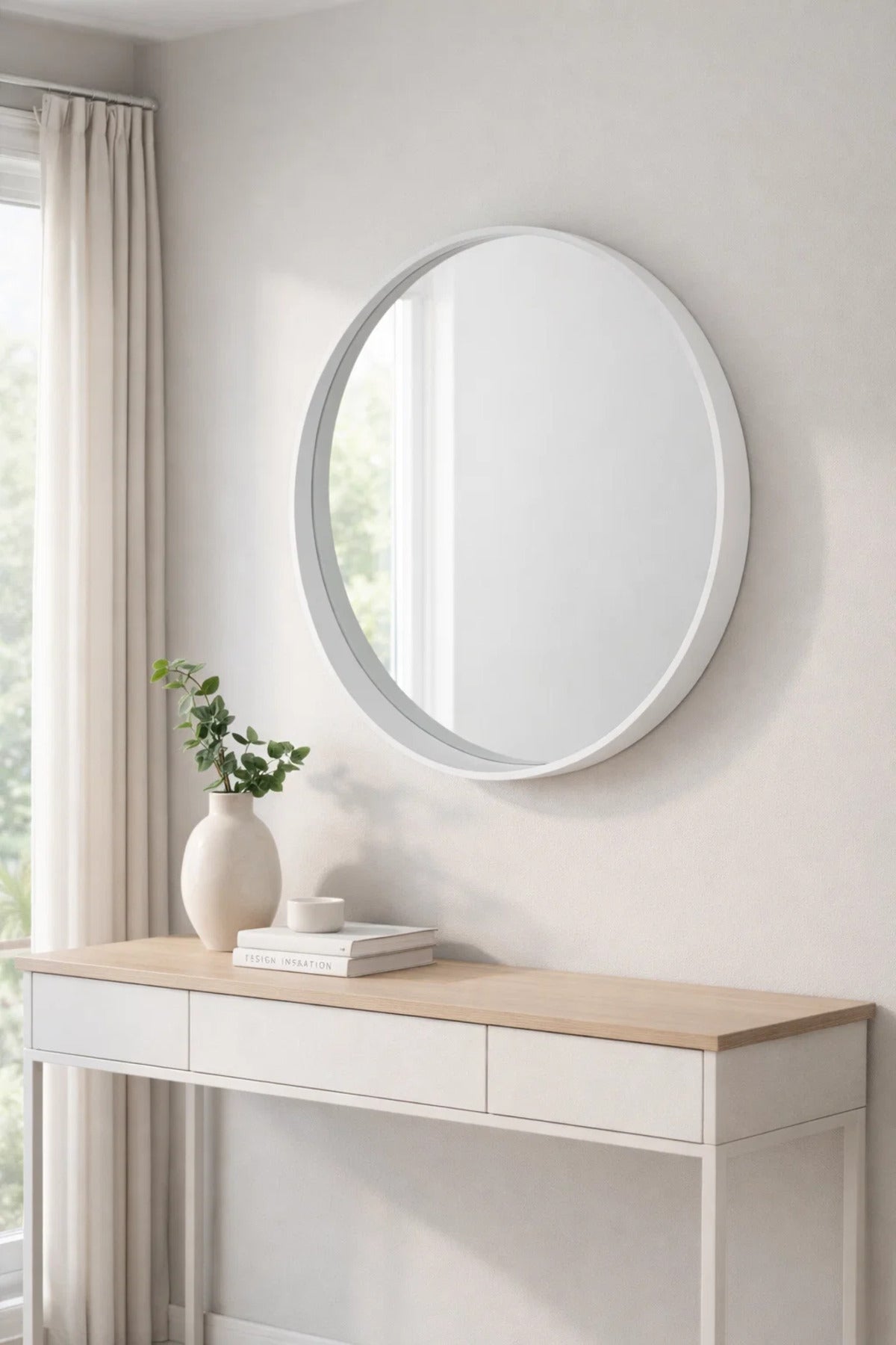 Premium White Round Wall Mirror 80cm Wooden Frame Large Modern Circle Bathroom Vanity Hallway Decor