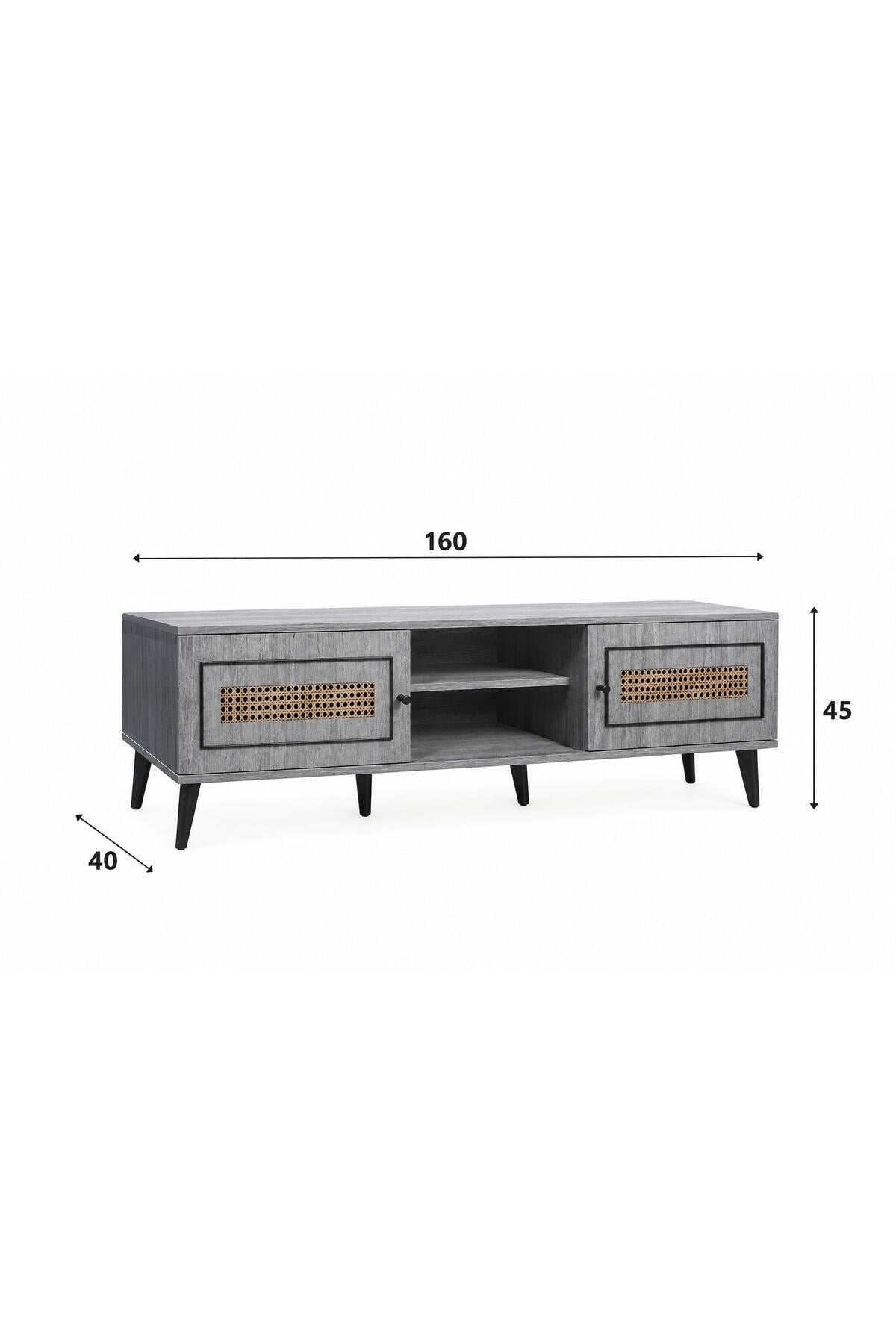 Modern Grey Rattan TV Unit 160 _ 40 _ 45 cm √ê Wooden Entertainment Center with Storage Cabinets and Open Shelves