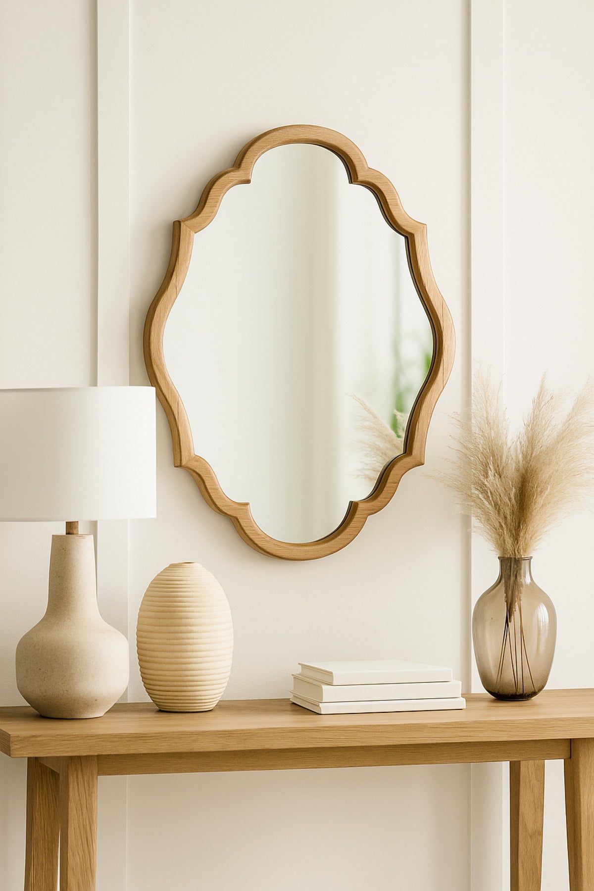 Decorative Wall Mirror with Curved Wooden Frame Ð Natural Finish 60_90 cm