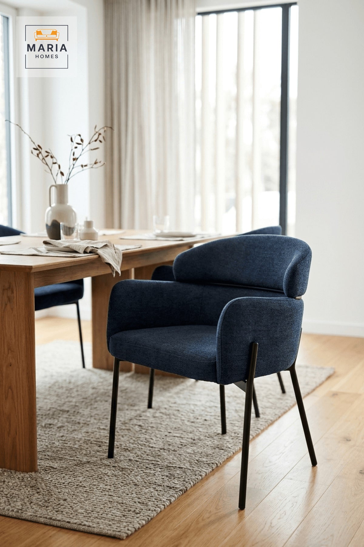 Dark Blue Upholstered Dining Chair with Black Metal Legs, Modern Accent Seat