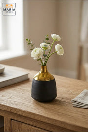 Modern Decorative Flower Vase with Gold-Tone Neck, Textured Rounded Body and Narrow Opening for Living Room, Bedroom, Office and Console Décor